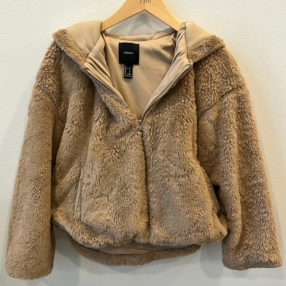 Forever 21 Brown Fur Zip up Hooded Cropped Teddy Jacket